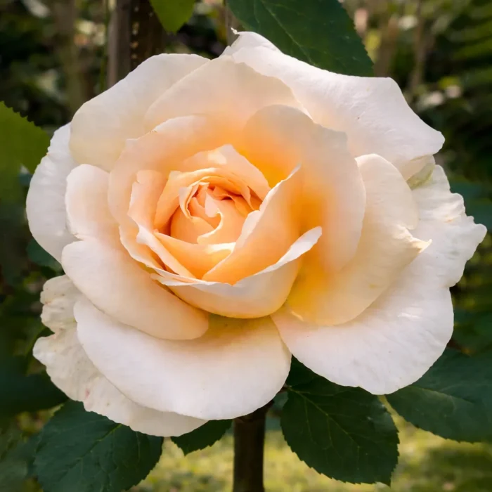 Trandafir pomișor Versilia înflorit, flori galben-crem cu nuanțe delicate de piersică