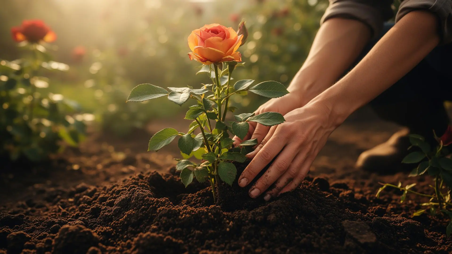 Mâini plantând un trandafir tânăr într-o grădină însorită